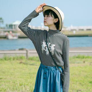 Long-sleeve Cartoon Print Mock-neck T-shirt