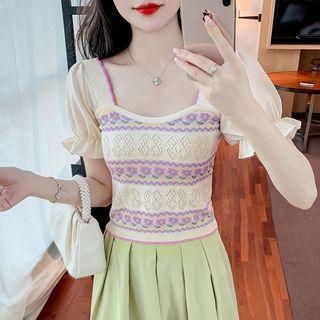 Puff-sleeve Knit Panel Crop Top