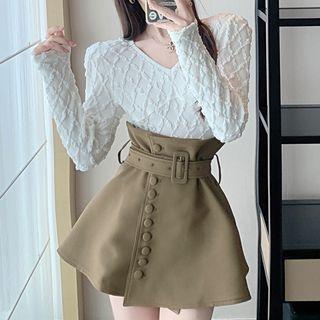 Mini A-line Skirt / Long-sleeve V-neck Top
