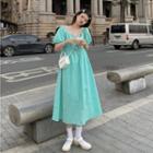 V-neck Puff Short-sleeve Strap Dress As Shown In Image - One Size