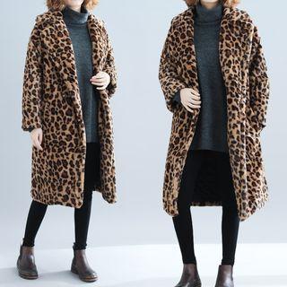 Faux Fur Leopard-pattern Coat Brown - One Size