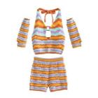 Set: Striped Pointelle Knit Halter Top + Shorts + Arm Sleeves