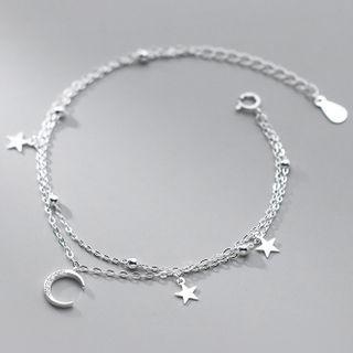Moon & Star Rhinestone Sterling Silver Bracelet S925 Silver - Silver - One Size