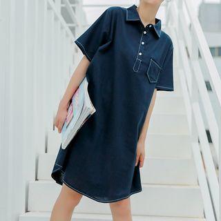 Denim Short-sleeve Polo Dress Navy Blue - One Size