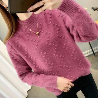 Mock-neck Plain Faux Fluffy Sweater