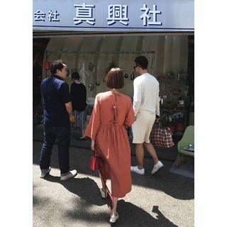 Long-sleeve Round-neck Tie-back A-line Dress