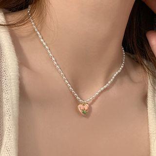 Heart Flower Pendant Faux Pearl Choker 1pc - Pink & White - One Size