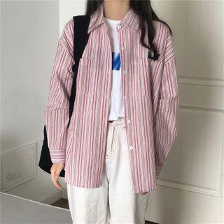 Long-sleeve Butterfly Print Striped Shirt