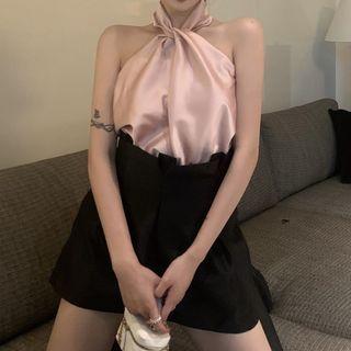 Halter Plain Satin Camisole / Mini A-line Skirt