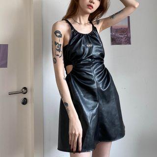 Spaghetti Strap Faux Leather Cutout Mini A-line Dress