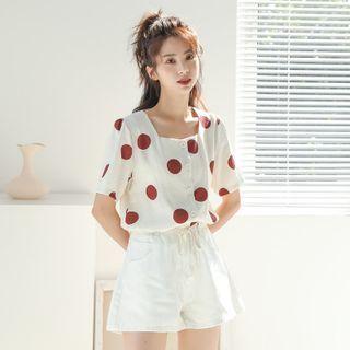 Short-sleeve Square-neck Polka Dot Print Blouse