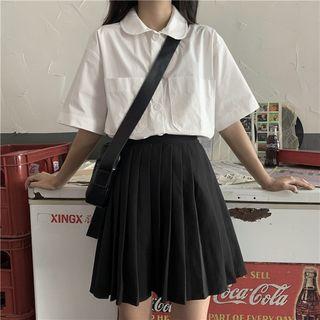 Elbow-sleeve Shirt / A-line Pleated Mini Skirt