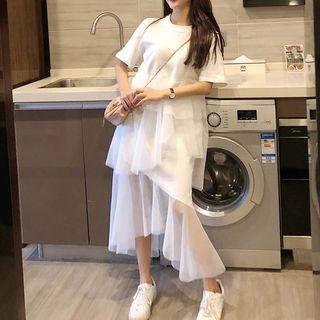 Elbow-sleeve Mesh Overlay Maxi T-shirt Dress
