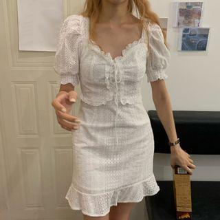 Eyelet Lace Short-sleeve Mini A-line Dress White - One Size