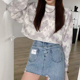 Dye Print Cropped Sweatshirt / Asymmetrical Denim Mini A-line Skirt