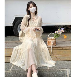Long-sleeve Plain Maxi Dress White - One Size