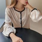 Lantern-sleeve Contrast Trim Square Neck Shirt Milky White - One Size