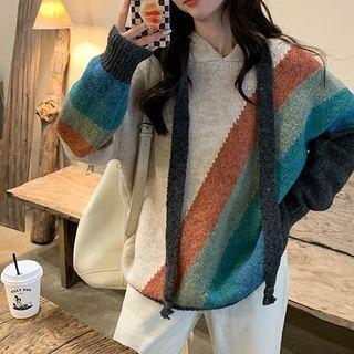 Color Block Knit Hoodie Almond - One Size
