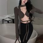 Long-sleeve Striped Crop Top / Bootcut Pants