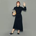 Set: Hooded Knit Top + Band-waist Long Skirt Black - One Size