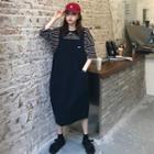 Striped Elbow-sleeve Oversize Polo Shirt / Plain Midi Jumper Dress