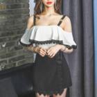 Set: Off-shoulder Ruffled Top + Lace-trim Skort