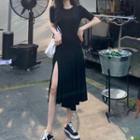 Short-sleeve Plain Slit-side Dress Black - One Size