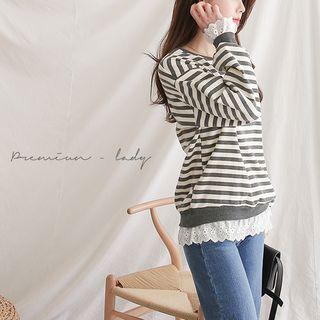 Lace-hem Striped Pullover