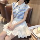 Striped Sleeveless Knit Top / Pleated Skirt / Set