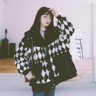 Chessboard Plaid Panel Fleece Jacket