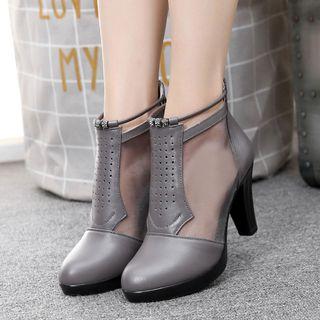 Genuine-leather Chunky-heel Cutout Panel Ankle Boots