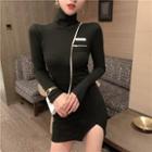 Turtleneck Long-sleeve Mini T-shirt Dress Black - One Size