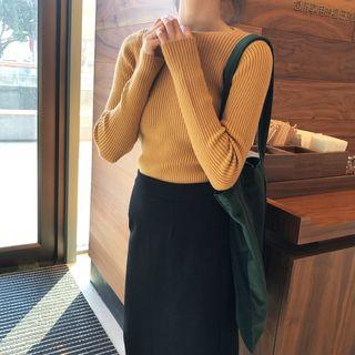 Ripped Slim-fit Long-sleeve Knit Top Curcumin - One Size