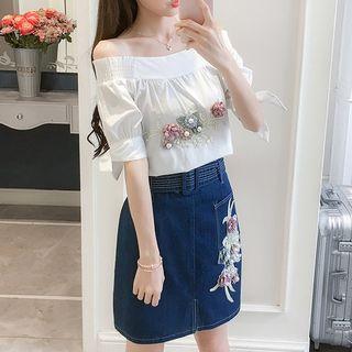 Set: Flower Applique Off-shoulder Blouse + Denim Skirt