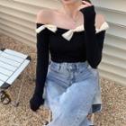 Off-shoulder Ribbon T-shirt Black - One Size