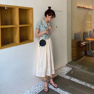 Striped Short-sleeve Polo Knit Top / Midi A-line Skirt