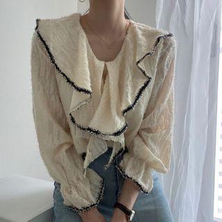 Long-sleeve Contrast Trim Ruffled Collared Blouse