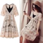Set: Cross-back Camisole Top + Short-sleeve A-line Dress