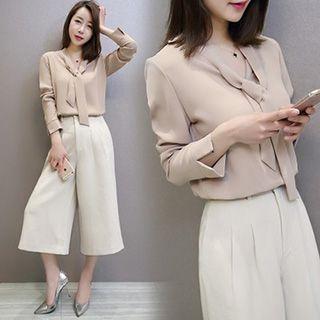 Set: Long-sleeve Blouse + Cropped Wide Leg Pants