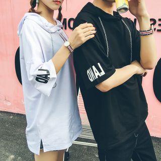 Couple Matching Hooded Lettering Elbow-sleeve T-shirt