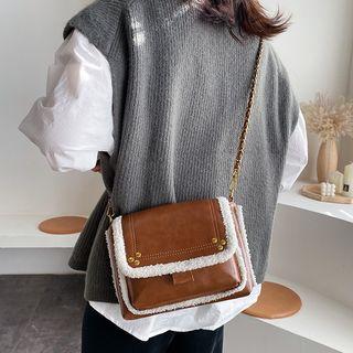Furry Trim Faux Leather Crossbody Bag