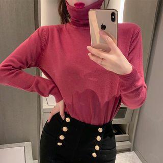 Turtleneck Long-sleeve Knit Top Light Red - One Size