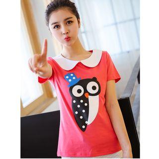 Peter Pan Collar Owl Print Short-sleeve T-shirt