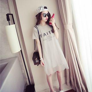 Short-sleeve Tulle Overlay Lettering Dress