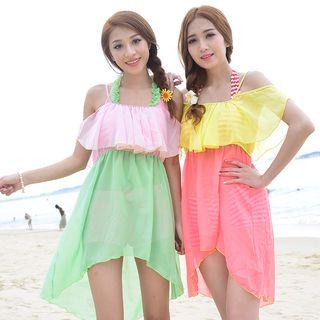 Set: Bikini + Color-block Ruffled Dress