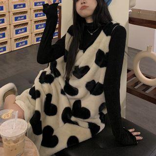 Heart Print Fluffy Mini A-line Overall Dress / Long-sleeve T-shirt