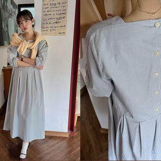 Striped Pleated Long Dress Light Blue - One Size