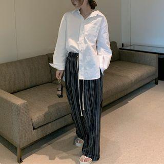 Plain Oversized Shirt / Drawstring Striped Wide Leg Pants