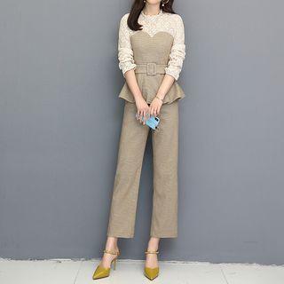 Set: Lace Panel Long-sleeve Top + Cropped Straight-cut Pants