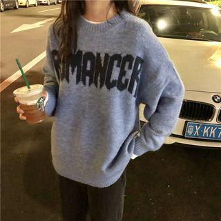 Letter Print Melange Loose Sweater Blue - One Size